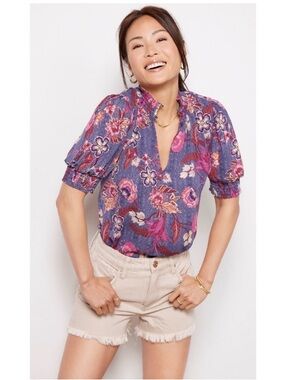 Evereve Autumn Floral Puff Sleeve V-Neck Crepe Blouse Navy